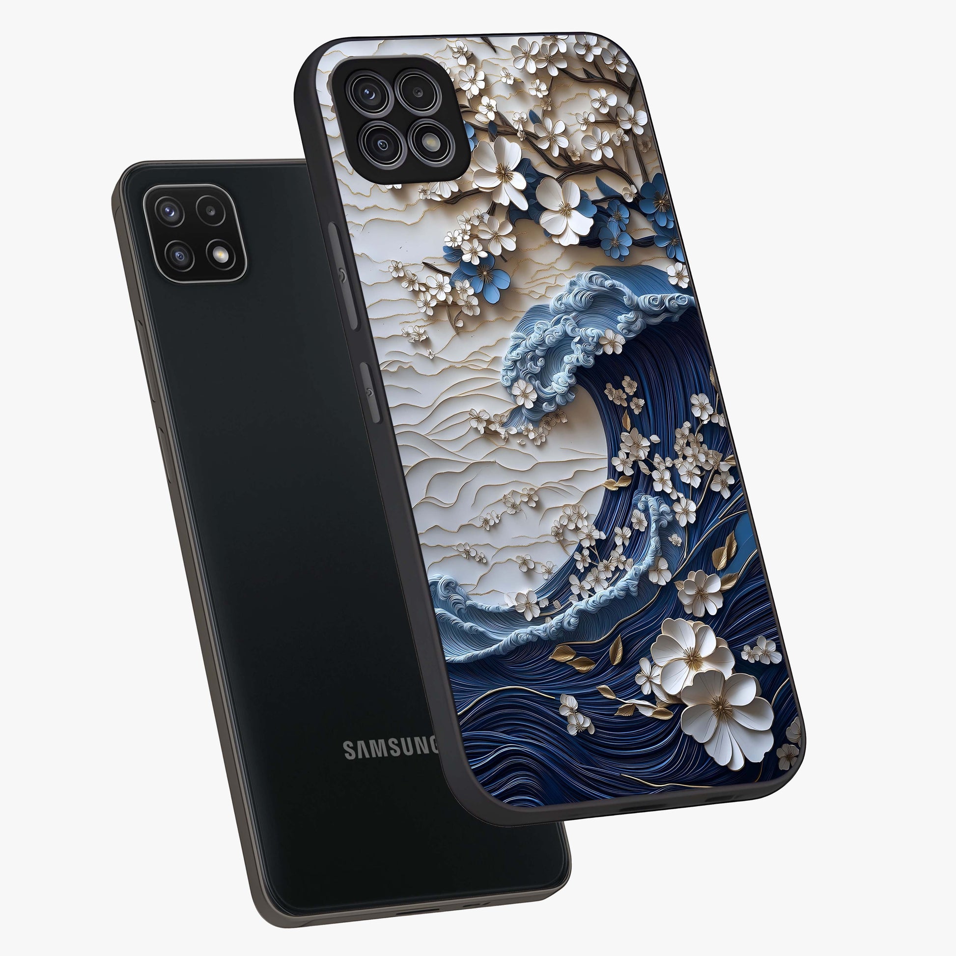 Floral Wave Origami Glass Case displayed in angled mockup highlighting geometric origami flower design with modern aesthetic style.