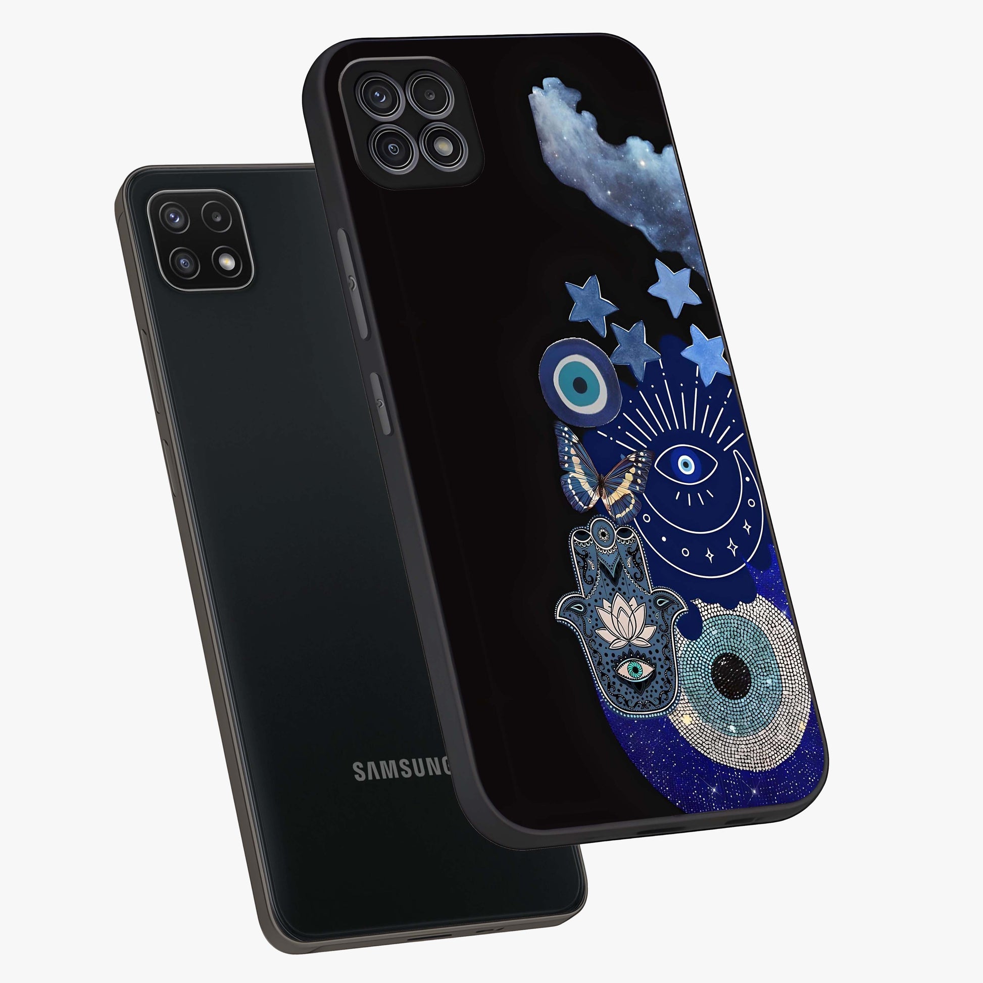 Galactic Charm Cluster Glass Case displayed in angled mockup highlighting luminous galaxy inspired design with dreamy aesthetic.