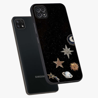 Galactic Charm Glow Glass Case displayed in angled mockup highlighting luminous galaxy inspired design with dreamy aesthetic.