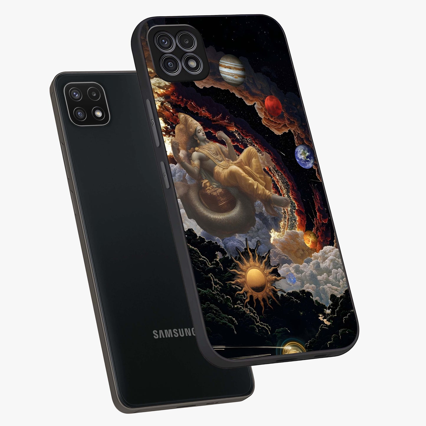 Galactic Divine God Glass Case displayed in angled mockup highlighting powerful celestial deity illustration with galactic aesthetic.