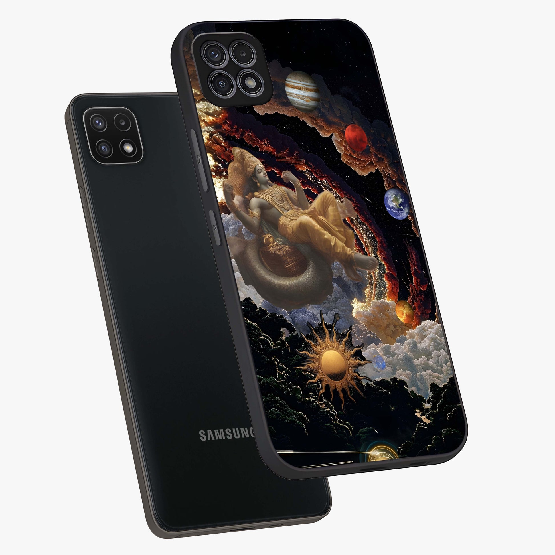 Galactic Divine God Glass Case displayed in angled mockup highlighting powerful celestial deity illustration with galactic aesthetic.