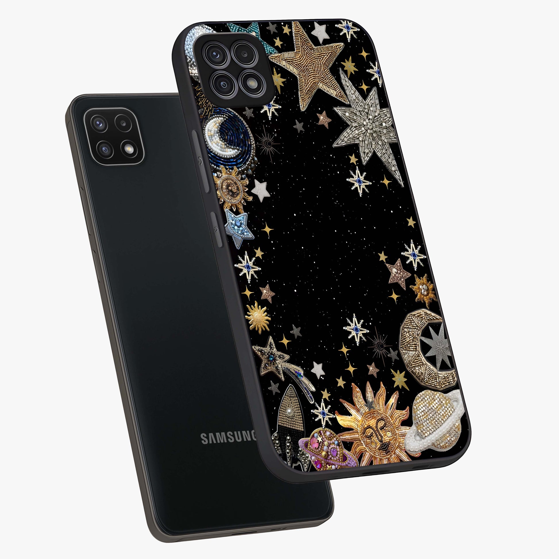 Galactic Jewel Stars Glass Case displayed in angled mockup highlighting shining celestial star design with cosmic aesthetic style.