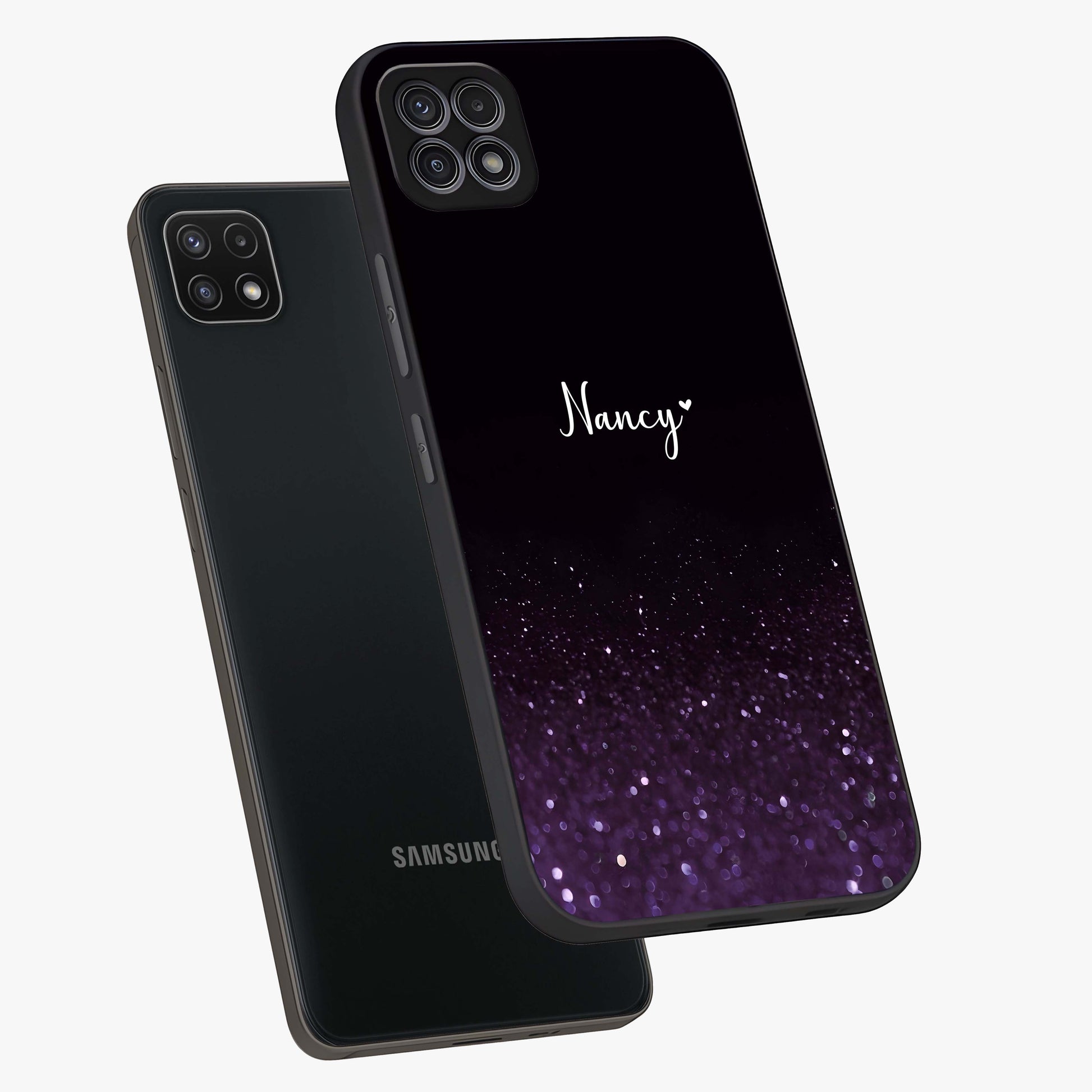 Glittery Purple Bokeh Custom Name Glass Case displayed in angled mockup highlighting glitter bokeh pattern with custom name feature.