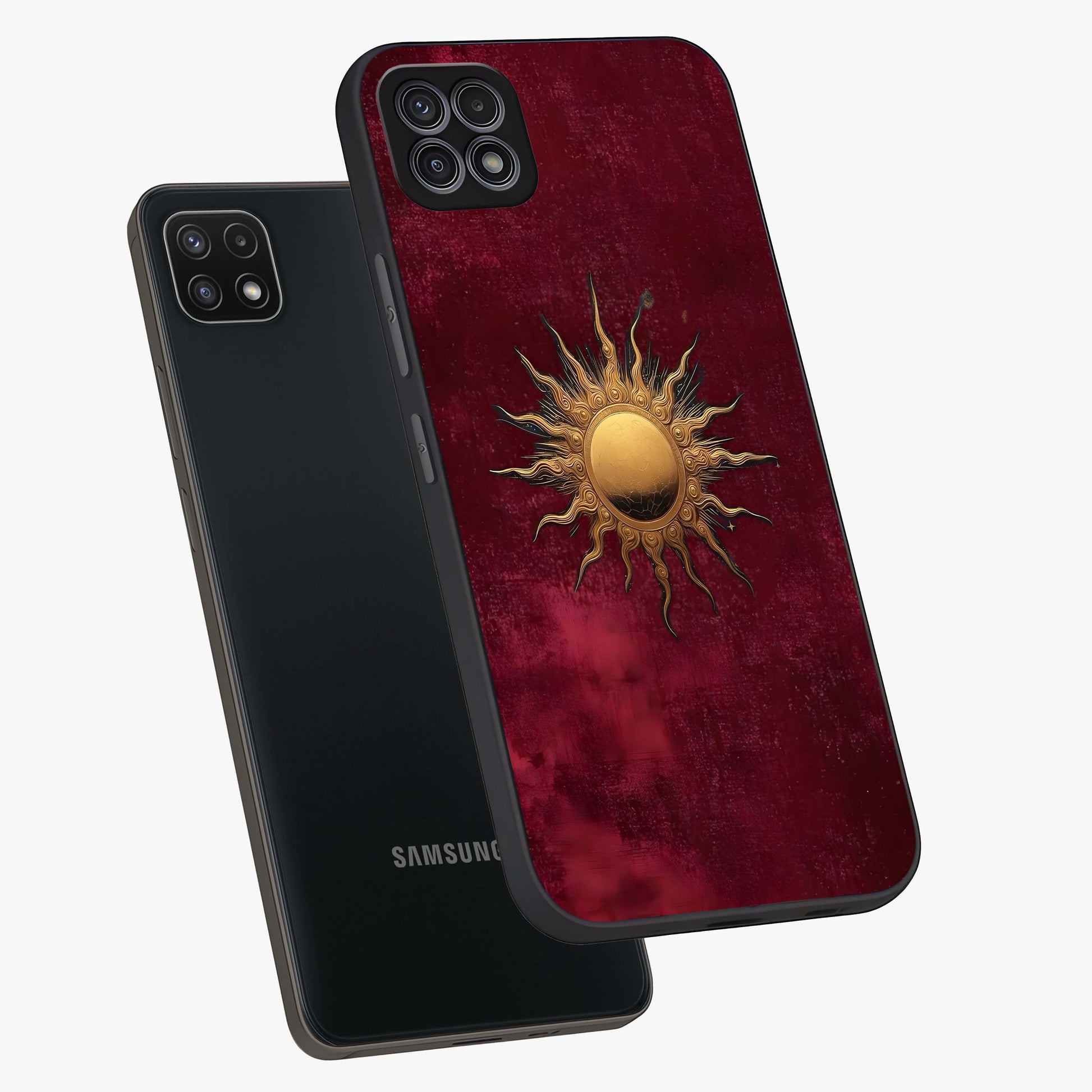 Golden Sun Minimalism Glass Case displayed in angled mockup highlighting clean sun symbol design with modern minimal aesthetic.