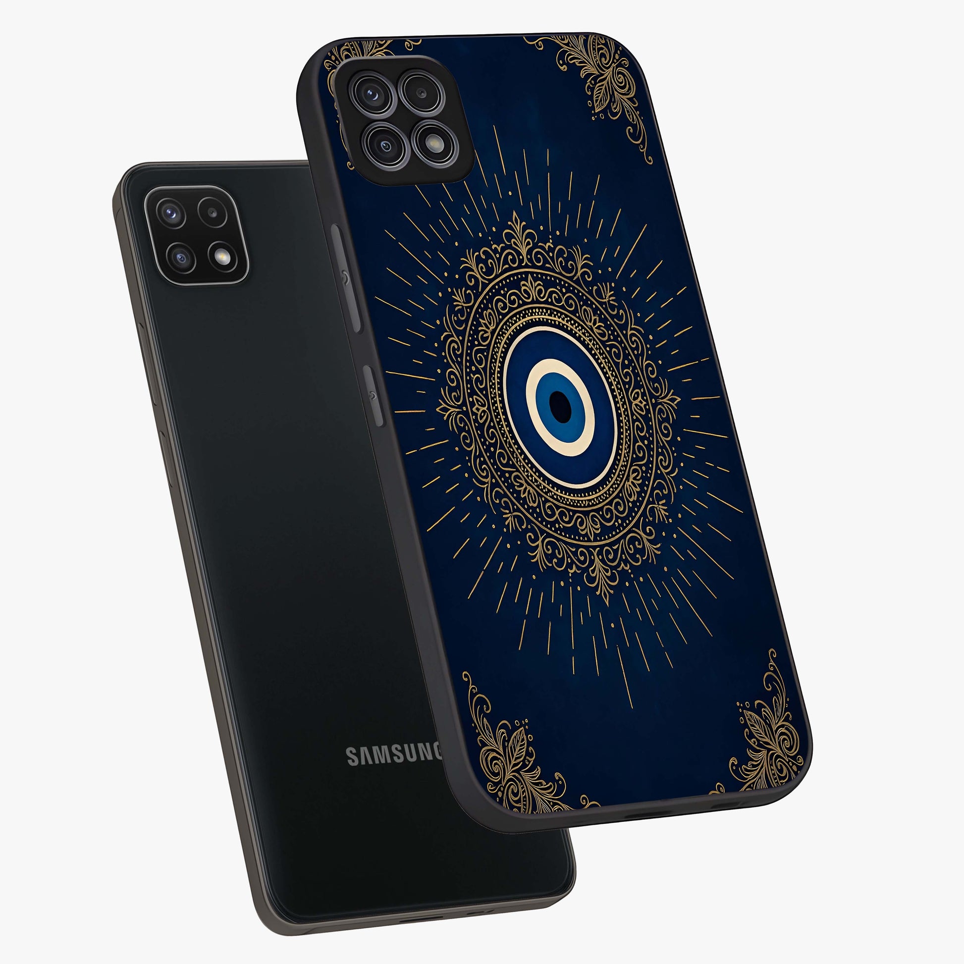 Golden Celestial Charm Glass Case displayed in angled mockup highlighting sparkling cosmic charm design with celestial aesthetic.