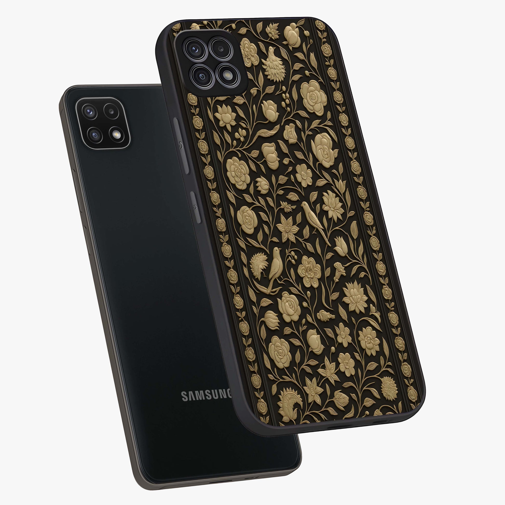 Golden Evil Eye Mandala Glass Case displayed in angled mockup highlighting protective evil eye symbol with golden mandala design.