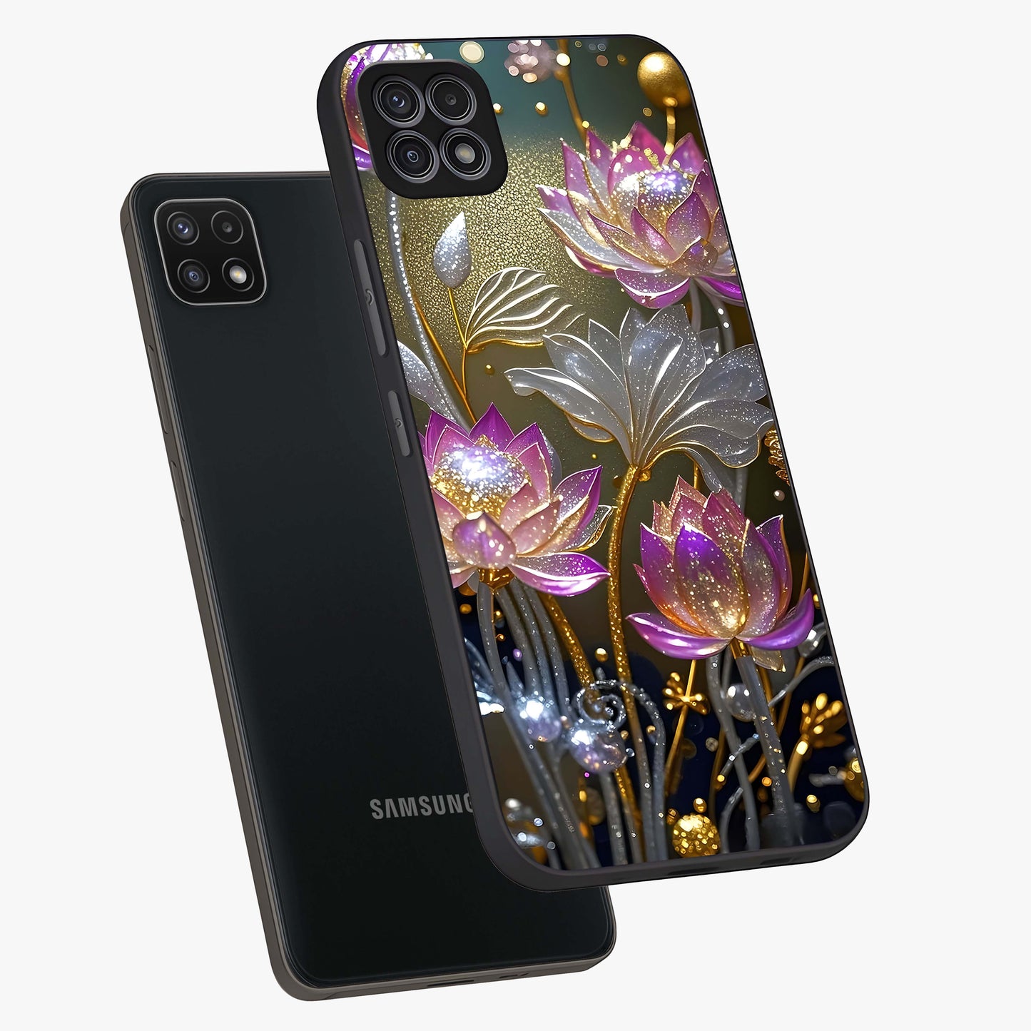 Golden Floral Majesty Glass Case displayed in angled mockup highlighting elegant flower design with royal golden aesthetic.