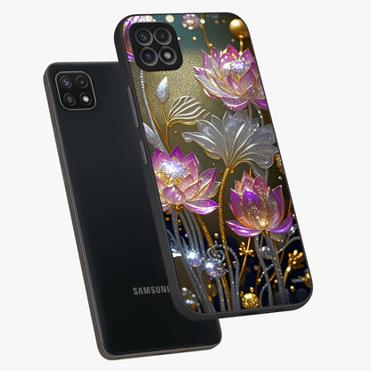 Golden Floral Majesty Glass Case displayed in angled mockup highlighting elegant flower design with royal golden aesthetic.