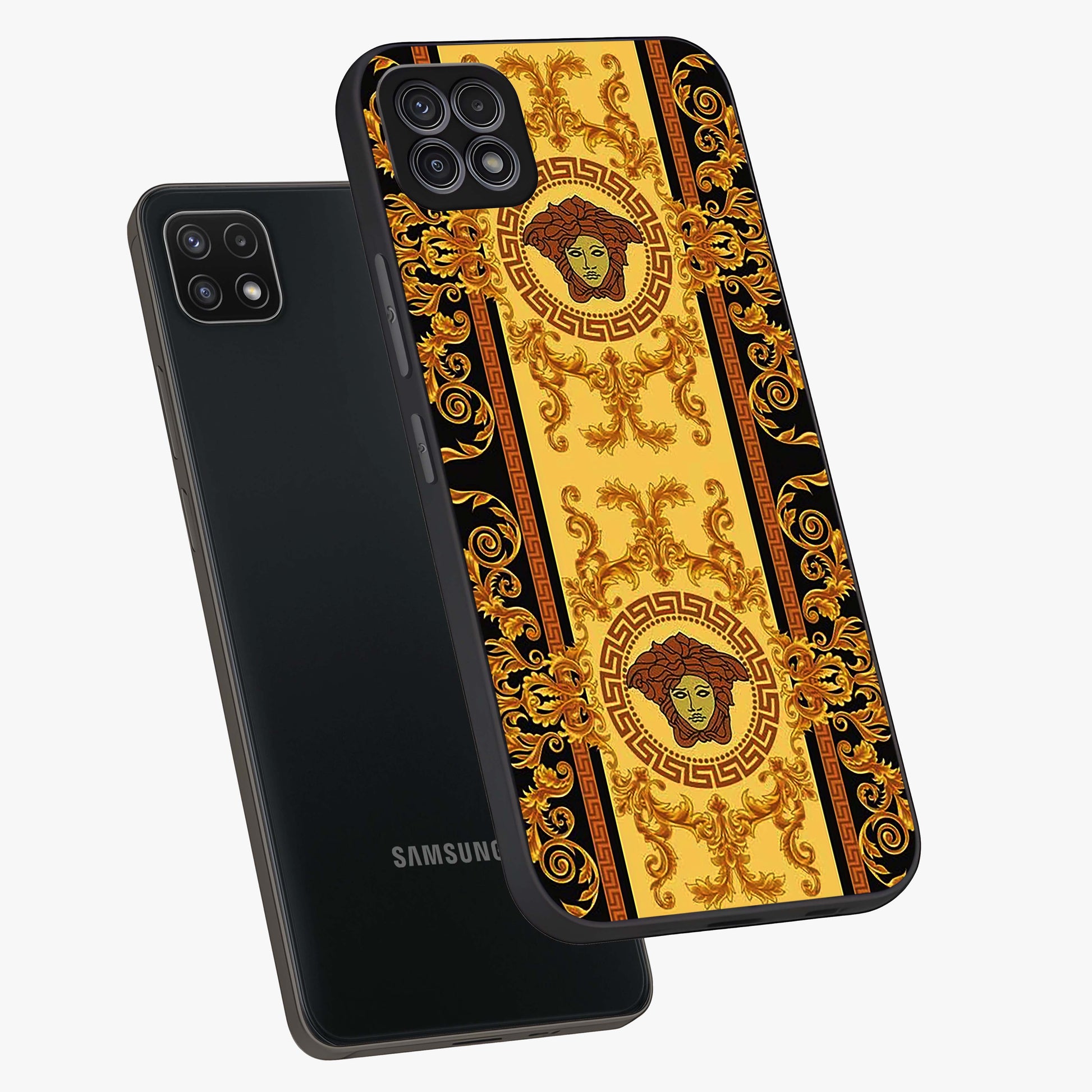 Golden Lotus Glow Glass Case displayed in angled mockup highlighting radiant lotus illustration with spiritual aesthetic.