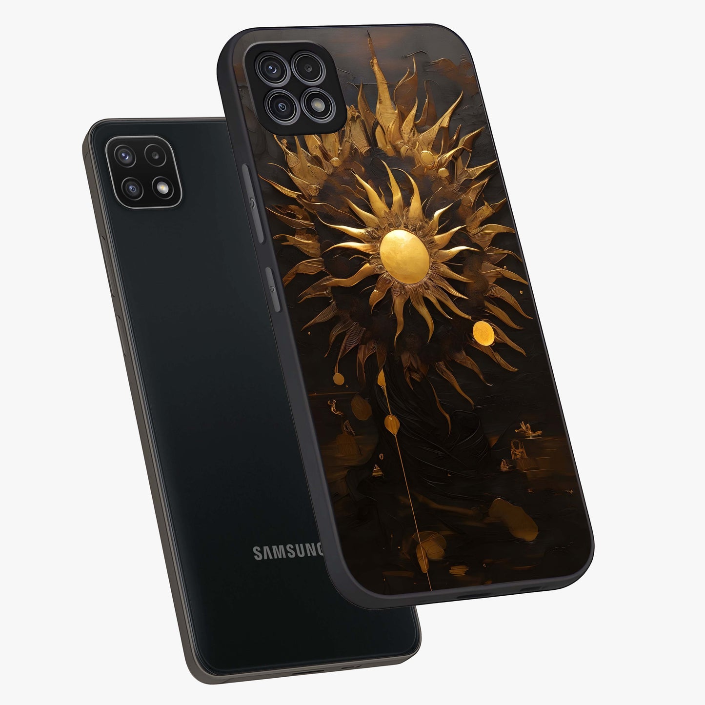 Golden Sun Majesty Glass Case displayed in angled mockup highlighting eerie shadow illustration with gothic aesthetic.