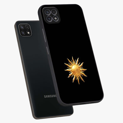 Golden Sun Minimalism Glass Case displayed in angled mockup highlighting eerie shadow illustration with gothic aesthetic.