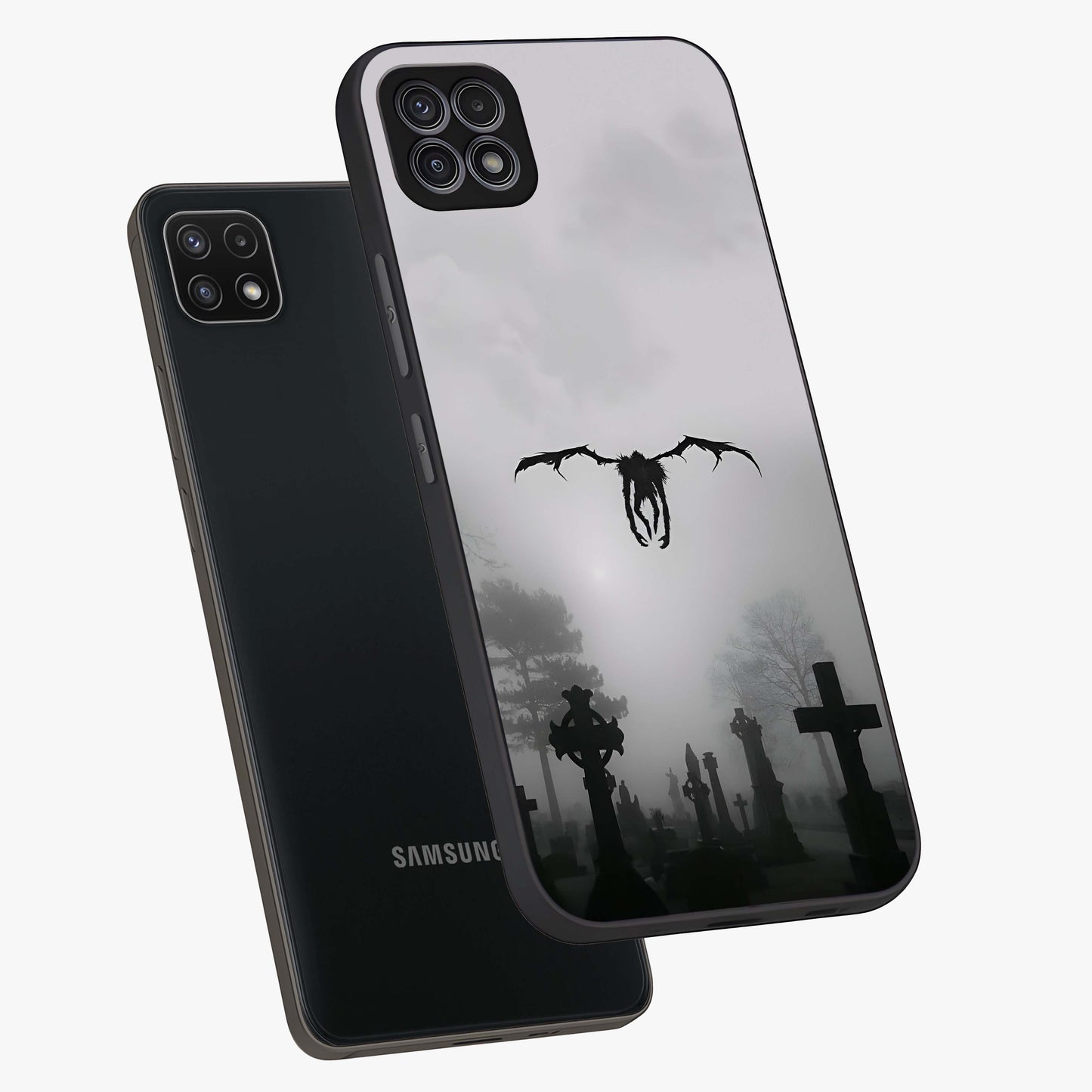 Graveyard Shadow Descent Glass Case displayed in angled mockup highlighting eerie shadow illustration with gothic aesthetic.
