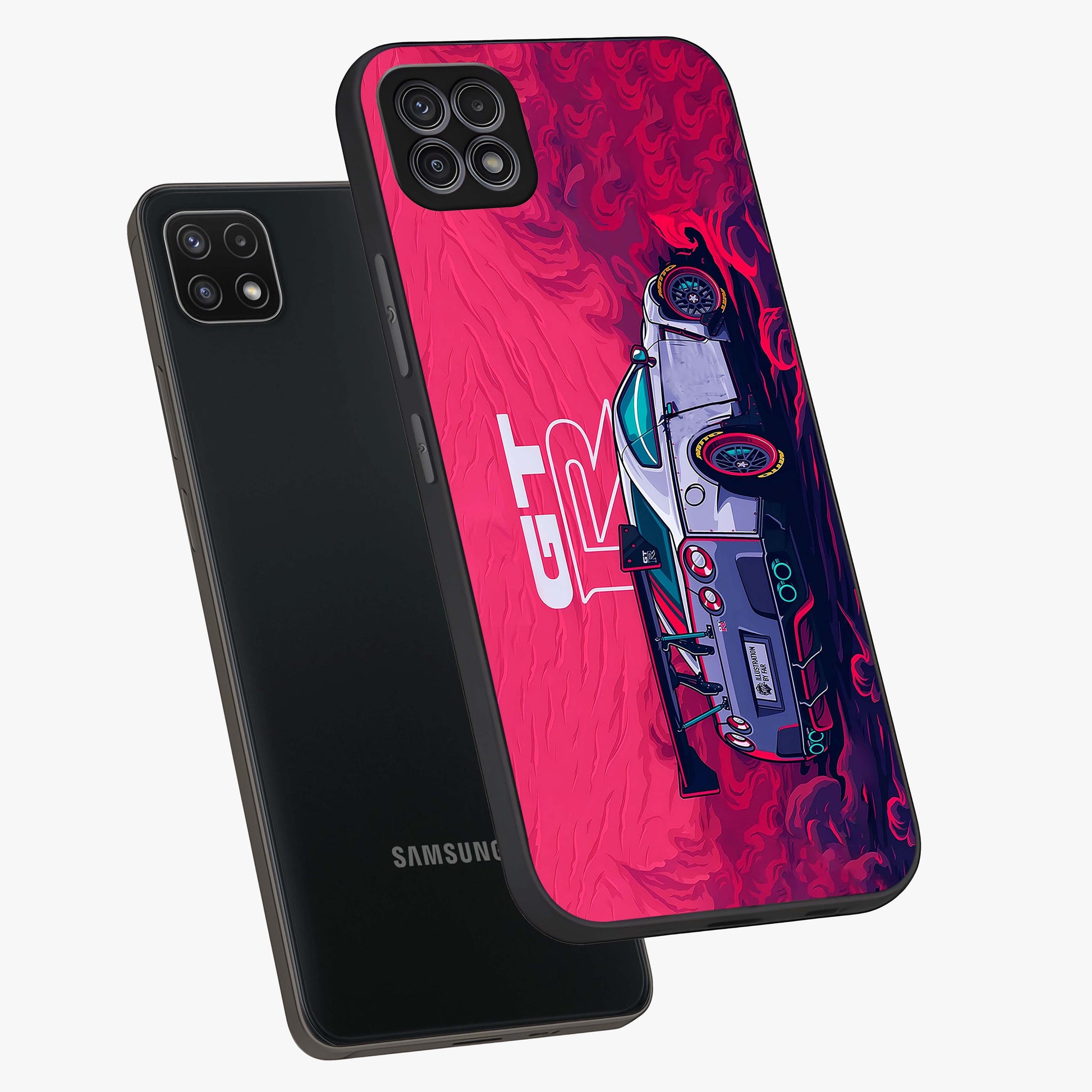 GT-R Car Pattern Glass Case displayed in angled mockup highlighting racing car graphic design with bold automotive aesthetic.