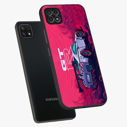 GT-R Car Pattern Glass Case displayed in angled mockup highlighting racing car graphic design with bold automotive aesthetic.