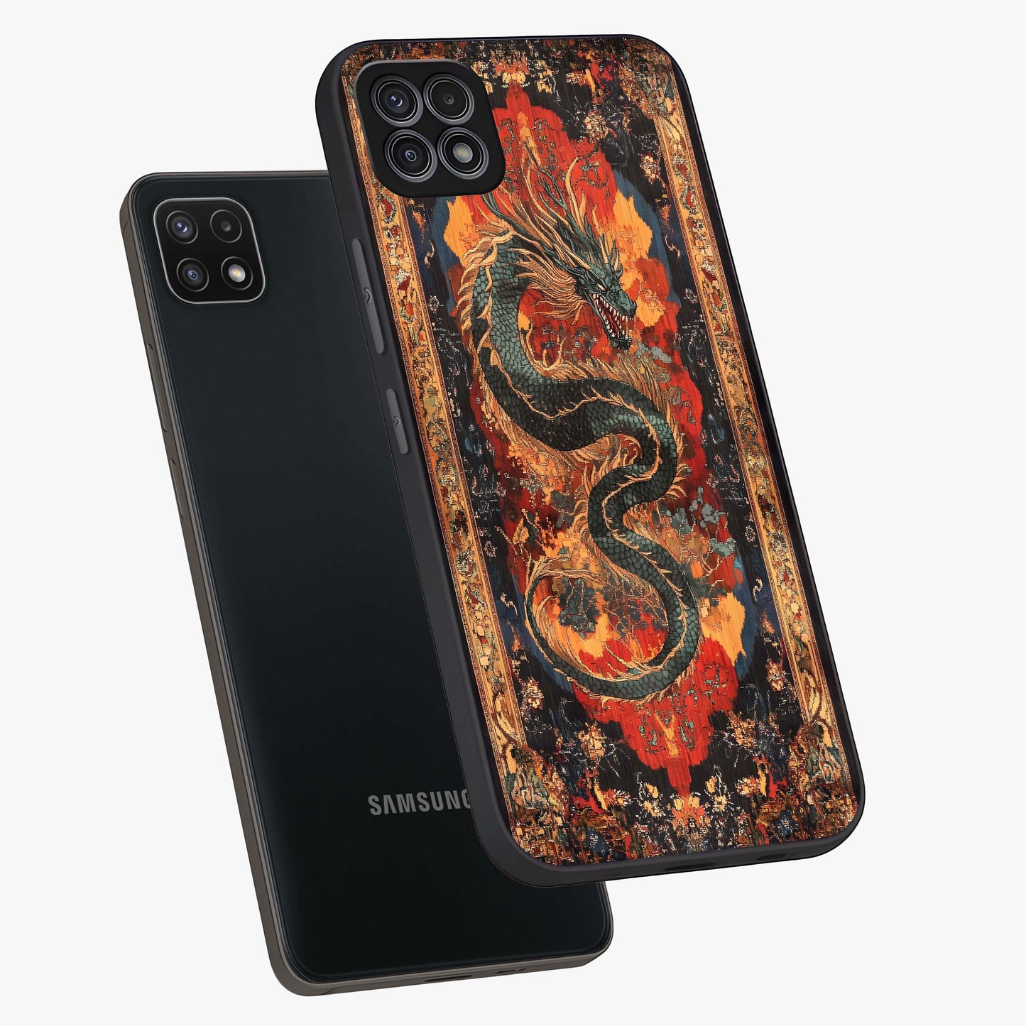 Inferno Dragon Soul Glass Case displayed in angled mockup highlighting powerful dragon illustration with inferno aesthetic.