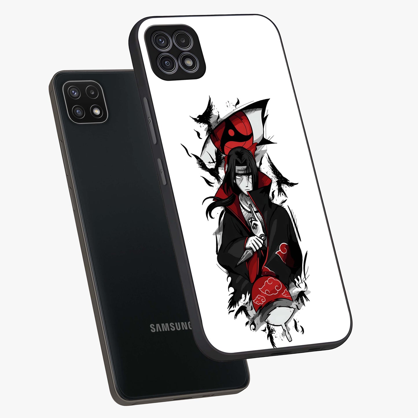 Itachi Limited Edition Naruto Anime Glass Case displayed in angled mockup highlighting dramatic anime illustration with bold action aesthetic.