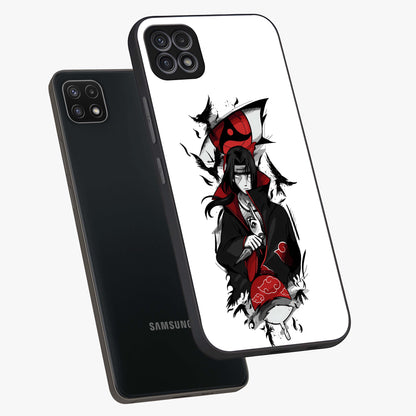 Itachi Limited Edition Naruto Anime Glass Case displayed in angled mockup highlighting dramatic anime illustration with bold action aesthetic.