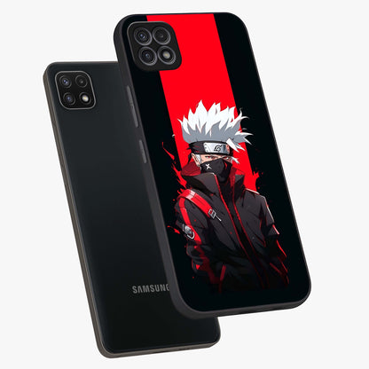 Kakashi Scarlet Shadow Glass Case displayed in angled mockup highlighting dramatic ninja illustration with scarlet themed aesthetic.