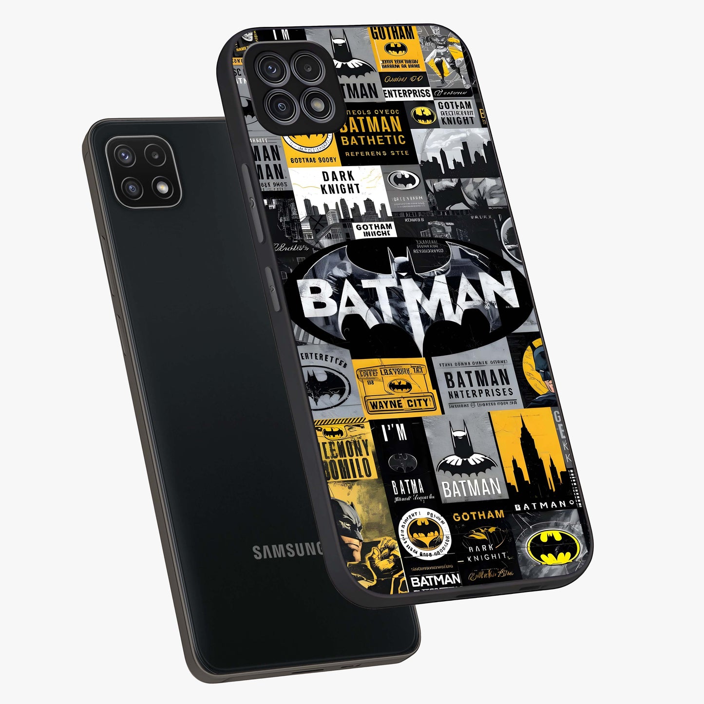 Knight Gotham Rise Glass Case displayed in angled mockup highlighting powerful knight silhouette design with dramatic aesthetic.