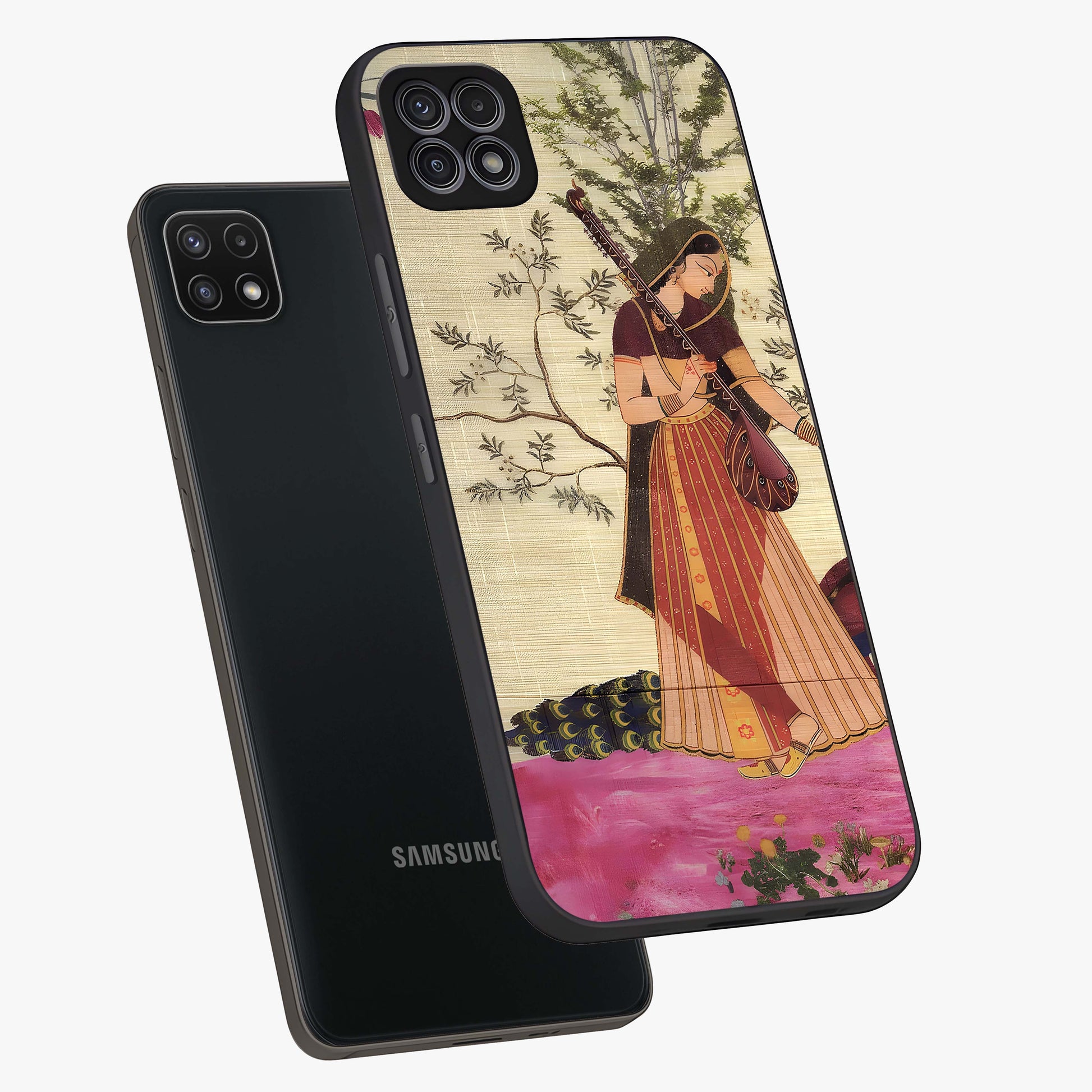 Lady With Veena Art Glass Case displayed in angled mockup highlighting graceful musical illustration with cultural artistic aesthetic.