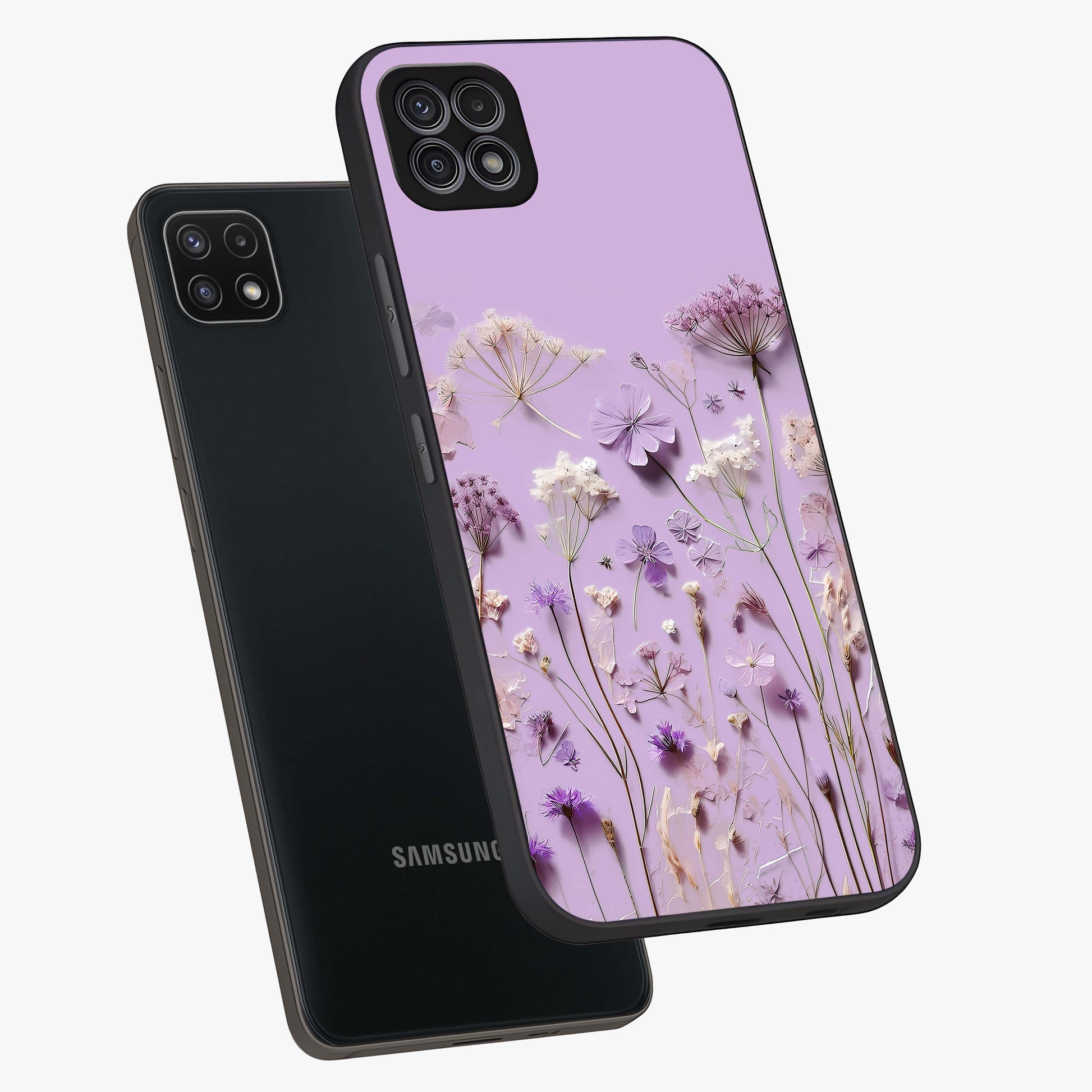 Lavender Blossom Dream Glass Case displayed in angled mockup highlighting dreamy lavender flower design with calming aesthetic style.