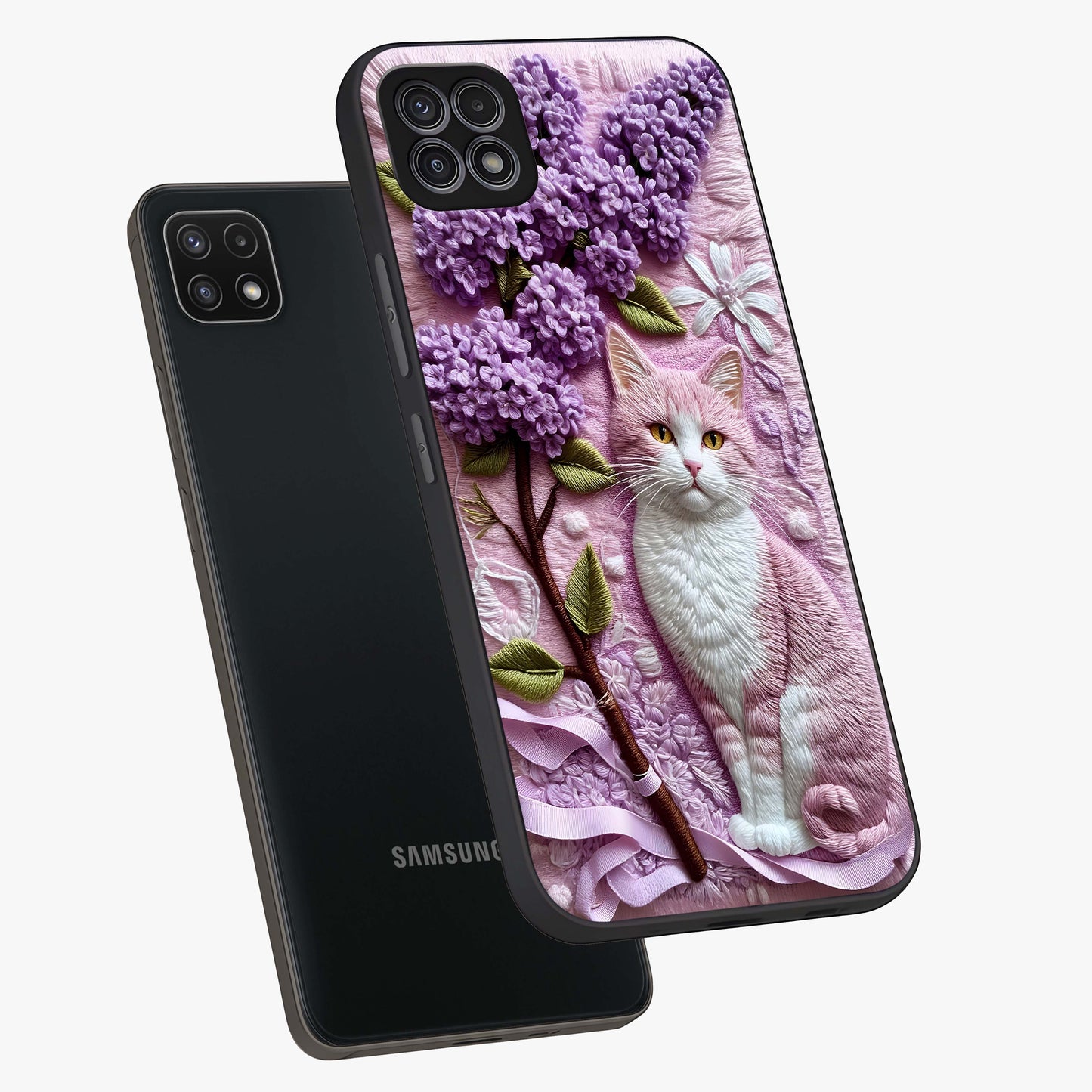 Lavender Cat Whimsy Glass Case displayed in angled mockup highlighting playful feline illustration with pastel lavender aesthetic.