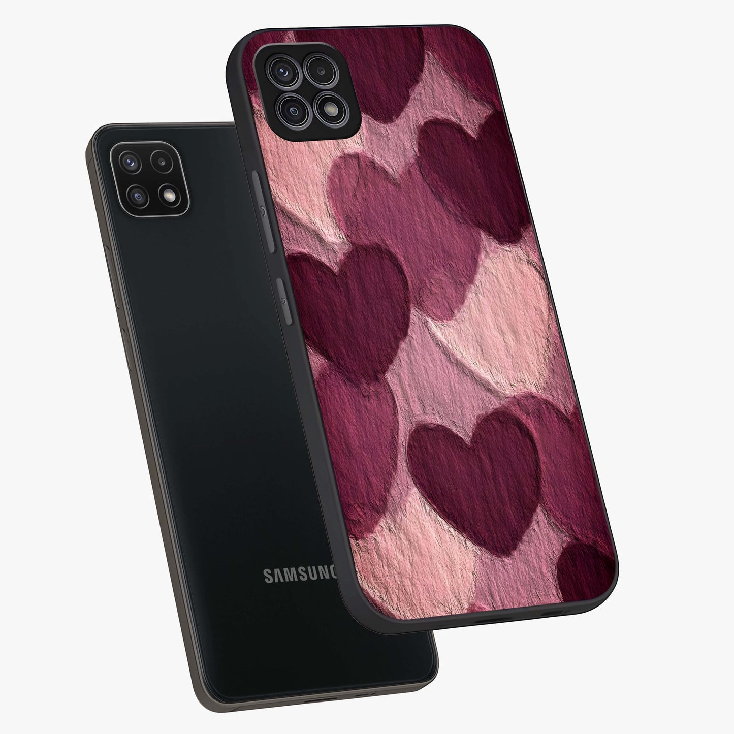 Layered Paper Hearts Glass Case displayed in angled mockup highlighting creative paper craft heart design with romantic aesthetic.