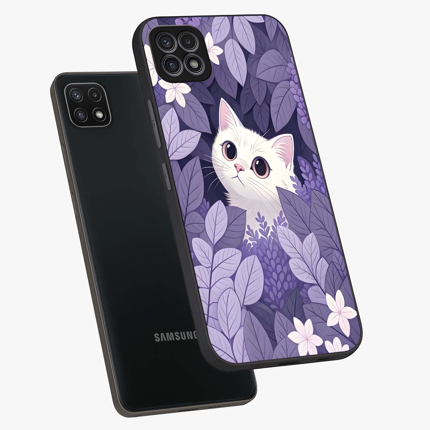 Lilac Hide Peek Cat Glass Case displayed in angled mockup highlighting playful feline illustration with lilac aesthetic design.
