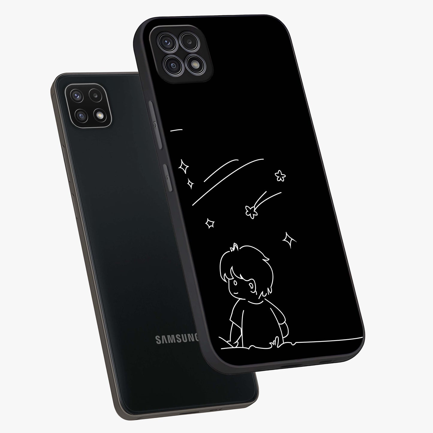 Line Art Boy With Shooting Stars Glass Case displayed in angled mockup highlighting elegant line art design with dreamy star aesthetic.