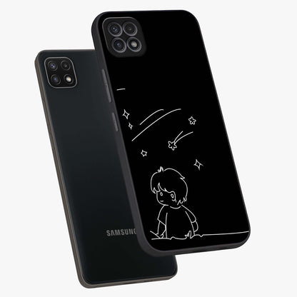 Line Art Boy With Shooting Stars Glass Case displayed in angled mockup highlighting elegant line art design with dreamy star aesthetic.