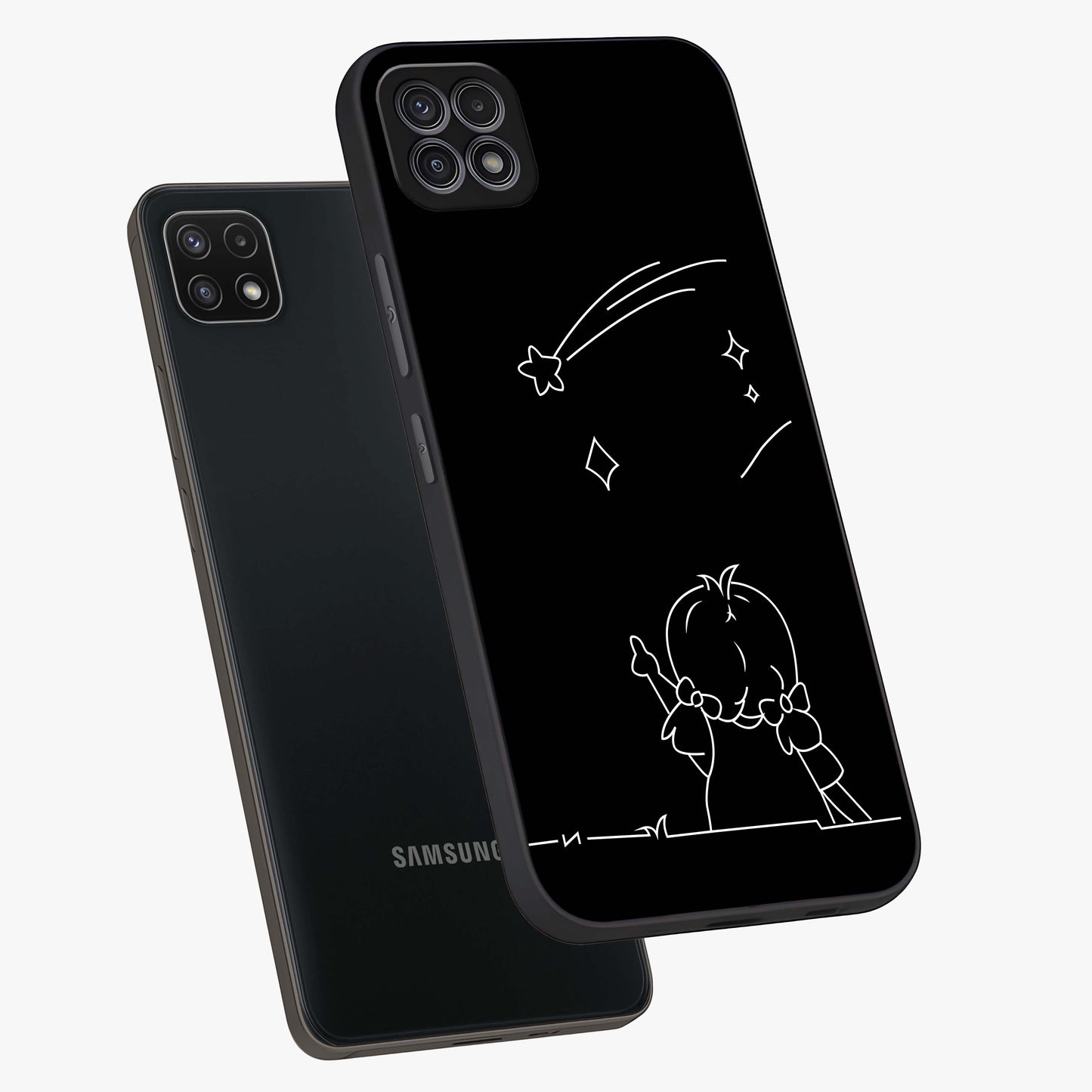 Line Art Girl With Shooting Stars Glass Case displayed in angled mockup highlighting elegant line art design with dreamy star aesthetic.