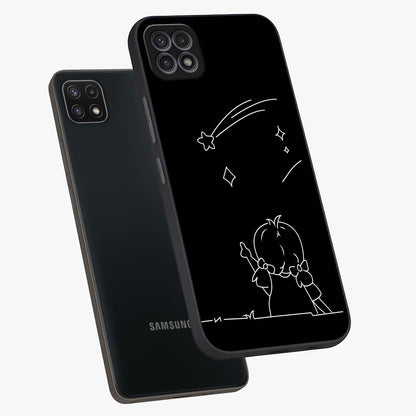 Line Art Girl With Shooting Stars Glass Case displayed in angled mockup highlighting elegant line art design with dreamy star aesthetic.