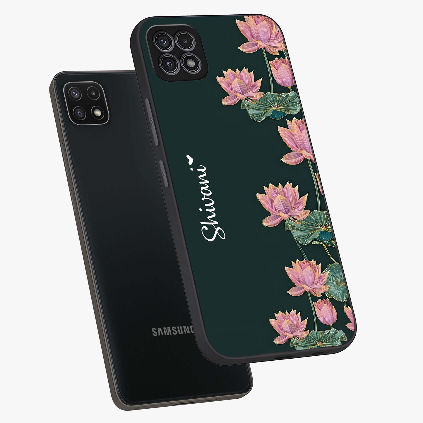 Lotus Bloom Serenity Custom Name Glass Case displayed in angled mockup highlighting graceful lotus illustration with custom name feature.