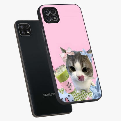 Love Matcha Cat Glass Case displayed in angled mockup highlighting playful feline illustration with cozy matcha aesthetic.