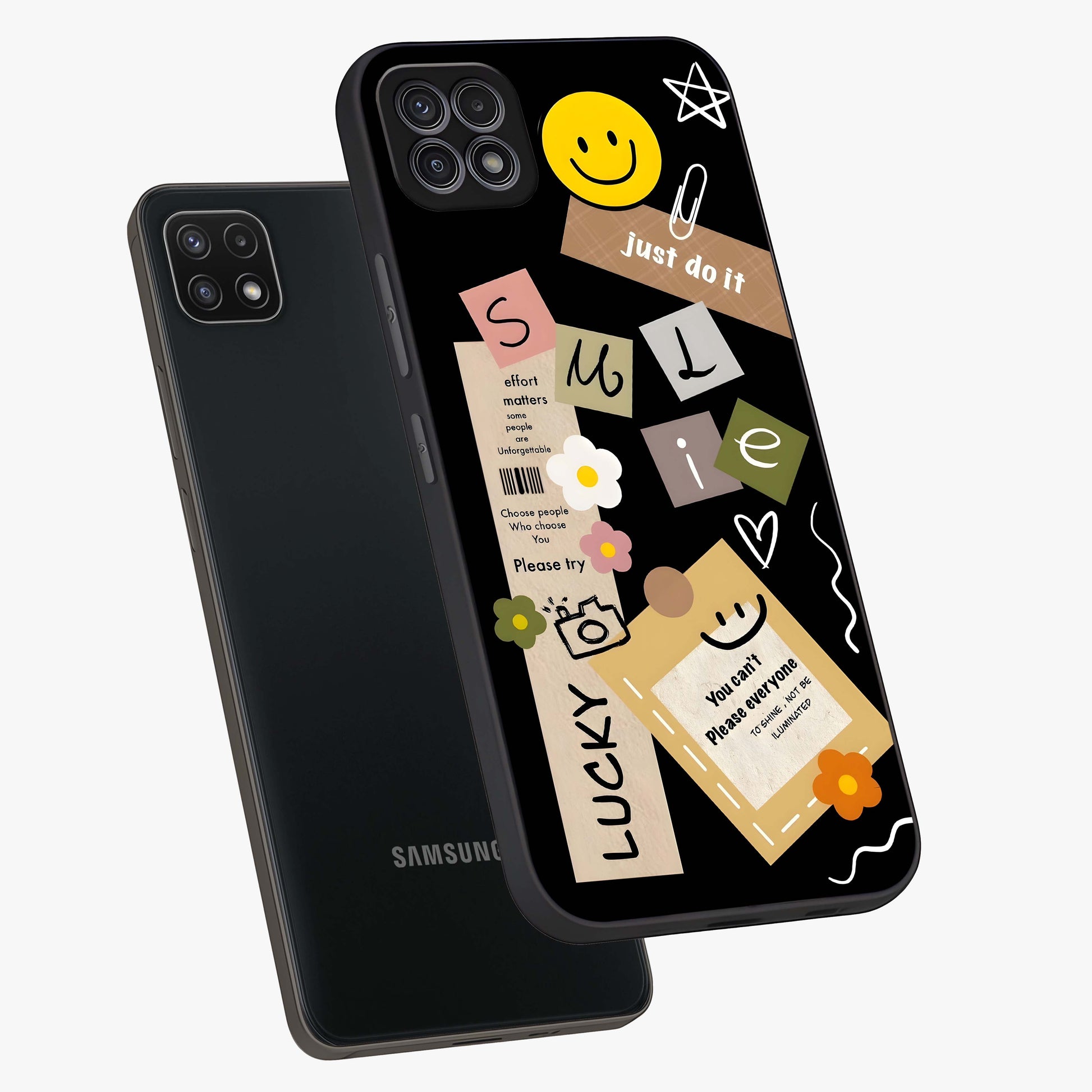 Lucky Aesthetic Collage Glass Case displayed in angled mockup highlighting stylish collage pattern with modern aesthetic vibe.