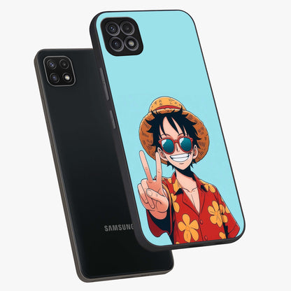 Luffy Summer Anime Vibe Glass Case displayed in angled mockup highlighting energetic anime illustration with summer vibe aesthetic.
