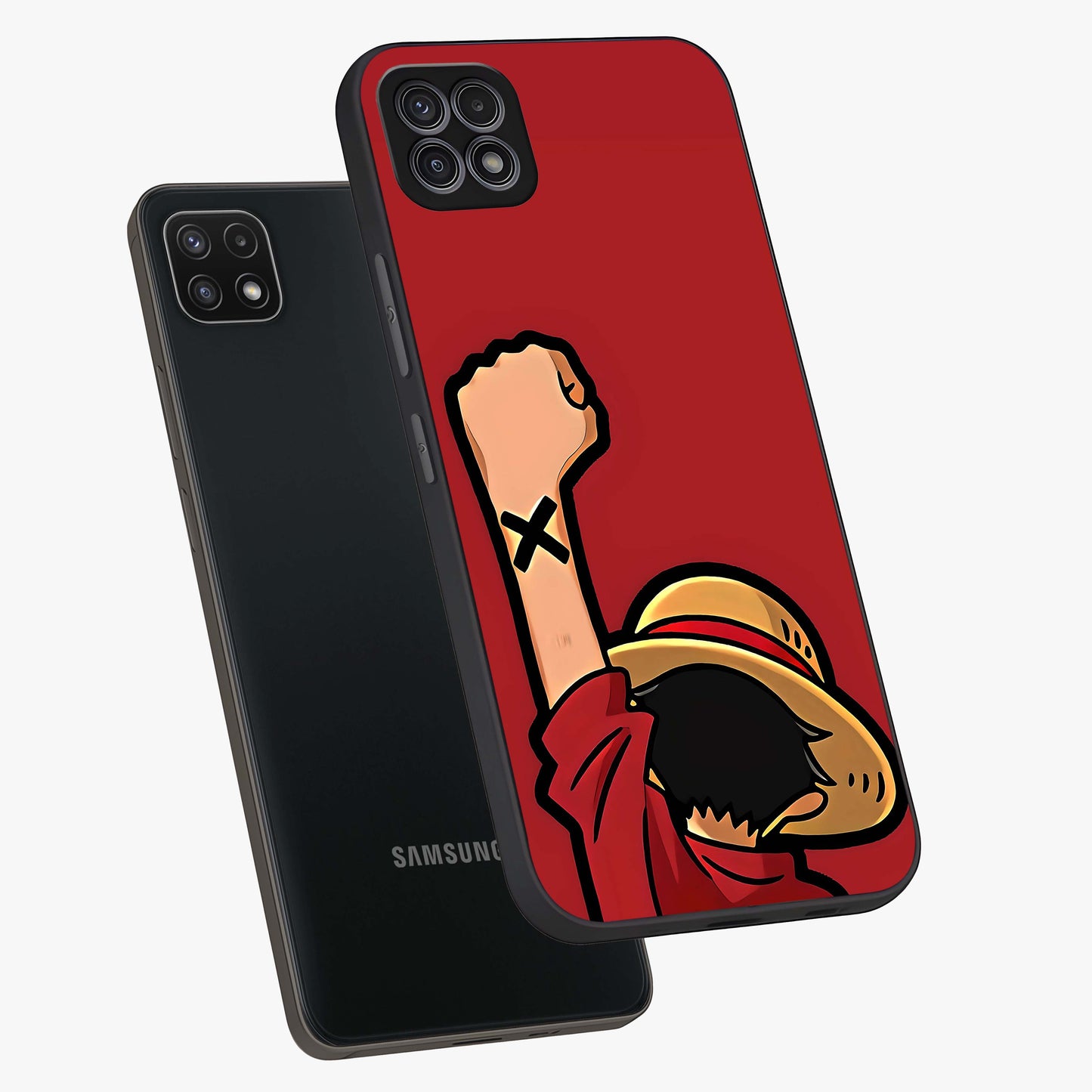 Luffy X Spirit Glass Case displayed in angled mockup highlighting powerful anime design with energetic action aesthetic.