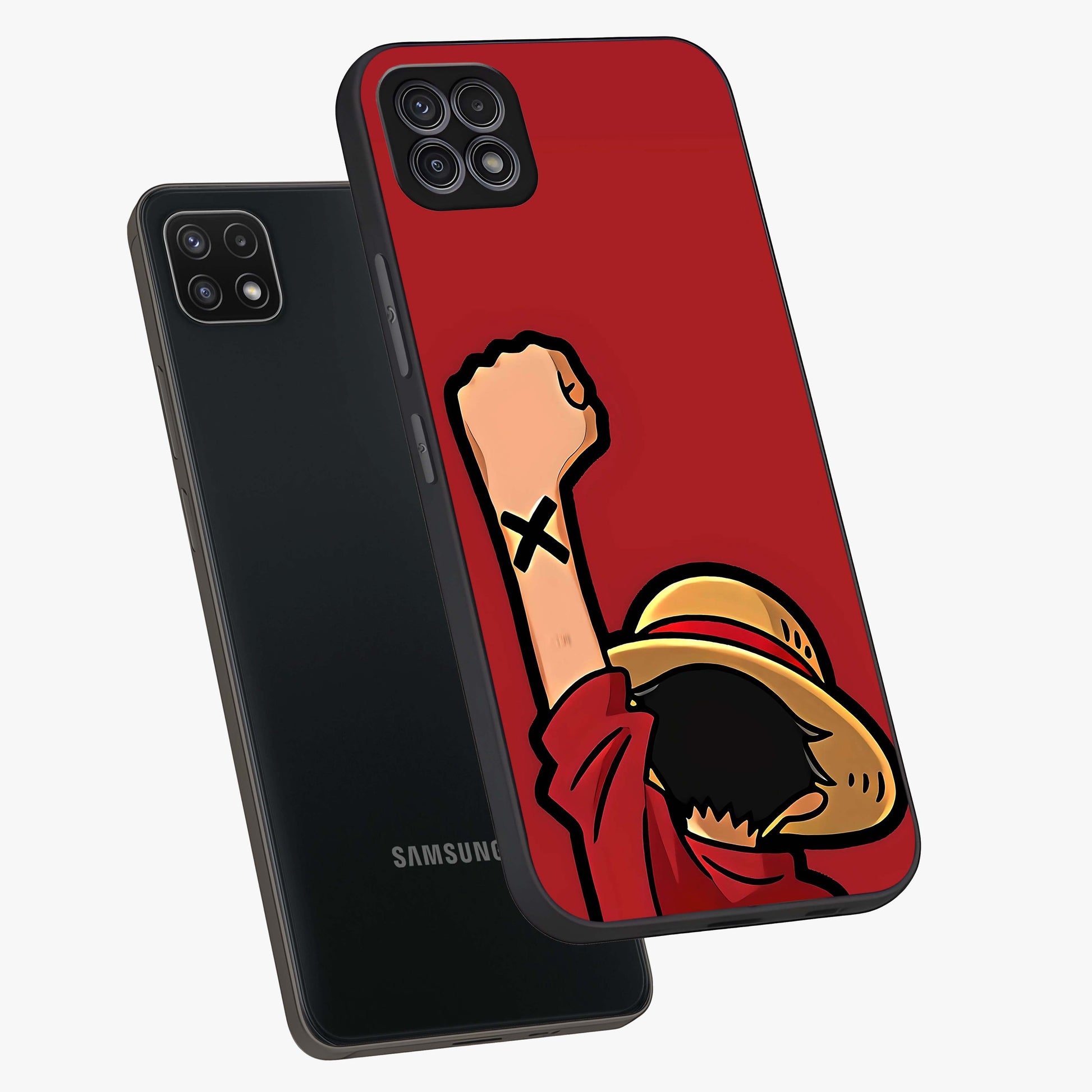 Luffy X Spirit Glass Case displayed in angled mockup highlighting powerful anime design with energetic action aesthetic.