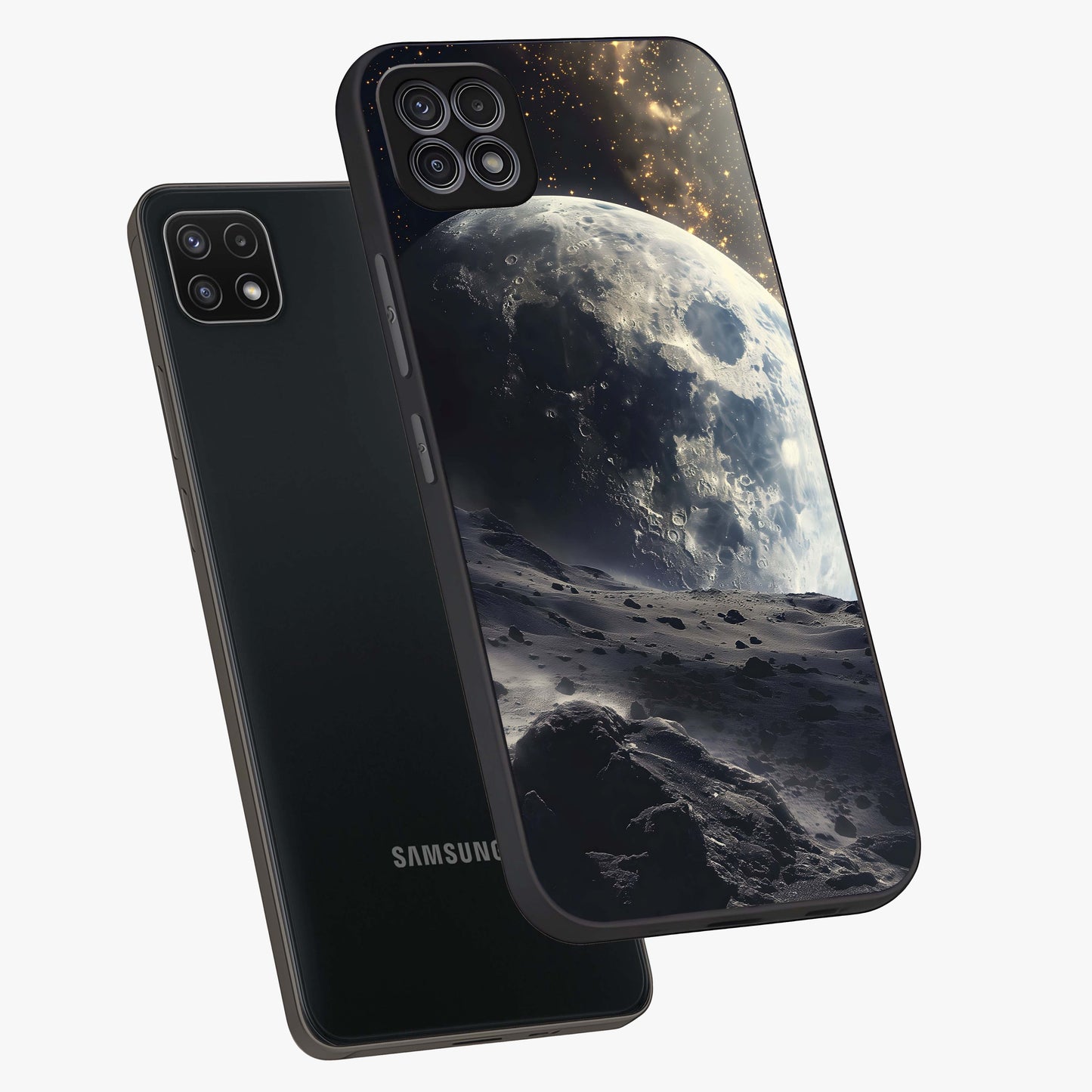 Lunar Horizon Glow Glass Case displayed in angled mockup highlighting celestial moon design with dreamy night aesthetic.