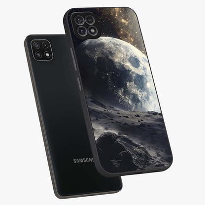 Lunar Horizon Glow Glass Case displayed in angled mockup highlighting celestial moon design with dreamy night aesthetic.