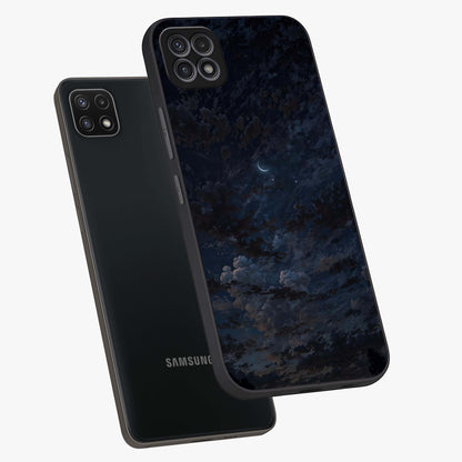 Lunar Veil Silence Glass Case displayed in angled mockup highlighting soft lunar design with peaceful celestial aesthetic.