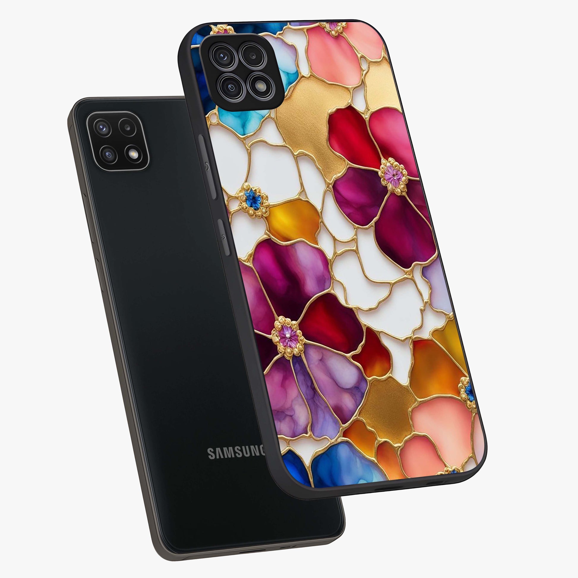 Marble Flower Pattern Glass Case displayed in angled mockup highlighting elegant marble floral design with modern aesthetic.
