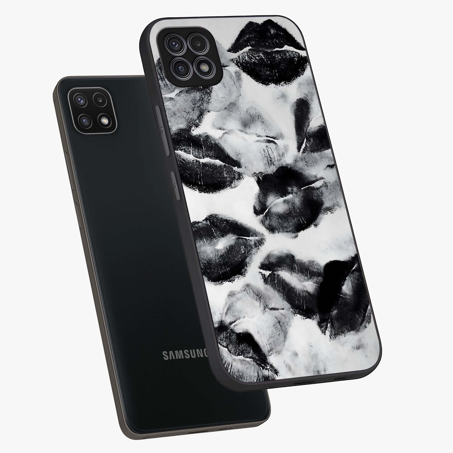 Midnight Kiss Marks Glass Case displayed in angled mockup highlighting playful romantic design with bold midnight aesthetic.