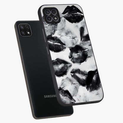 Midnight Kiss Marks Glass Case displayed in angled mockup highlighting playful romantic design with bold midnight aesthetic.