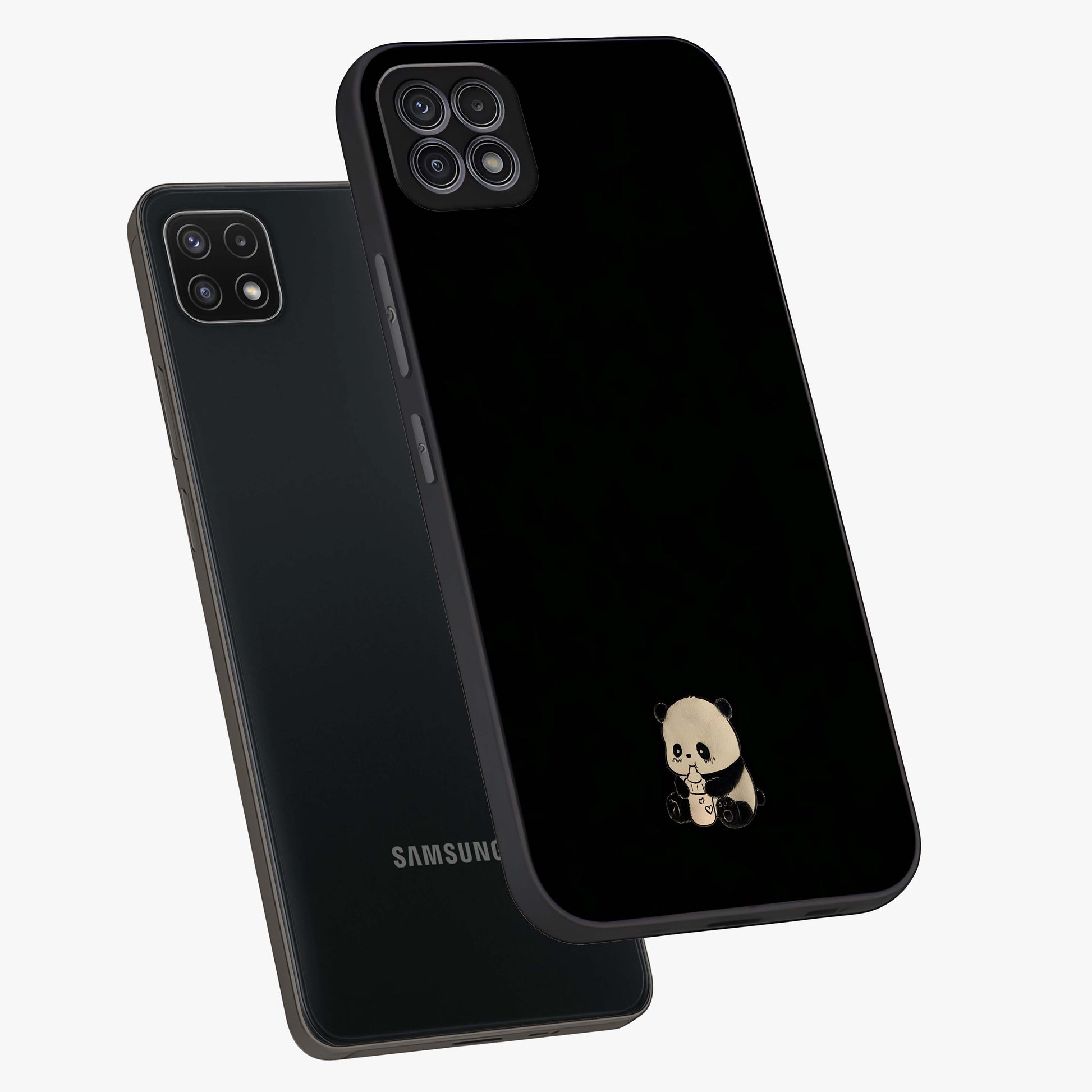 Midnight Panda Love Glass Case displayed in angled mockup highlighting adorable panda illustration with midnight aesthetic.