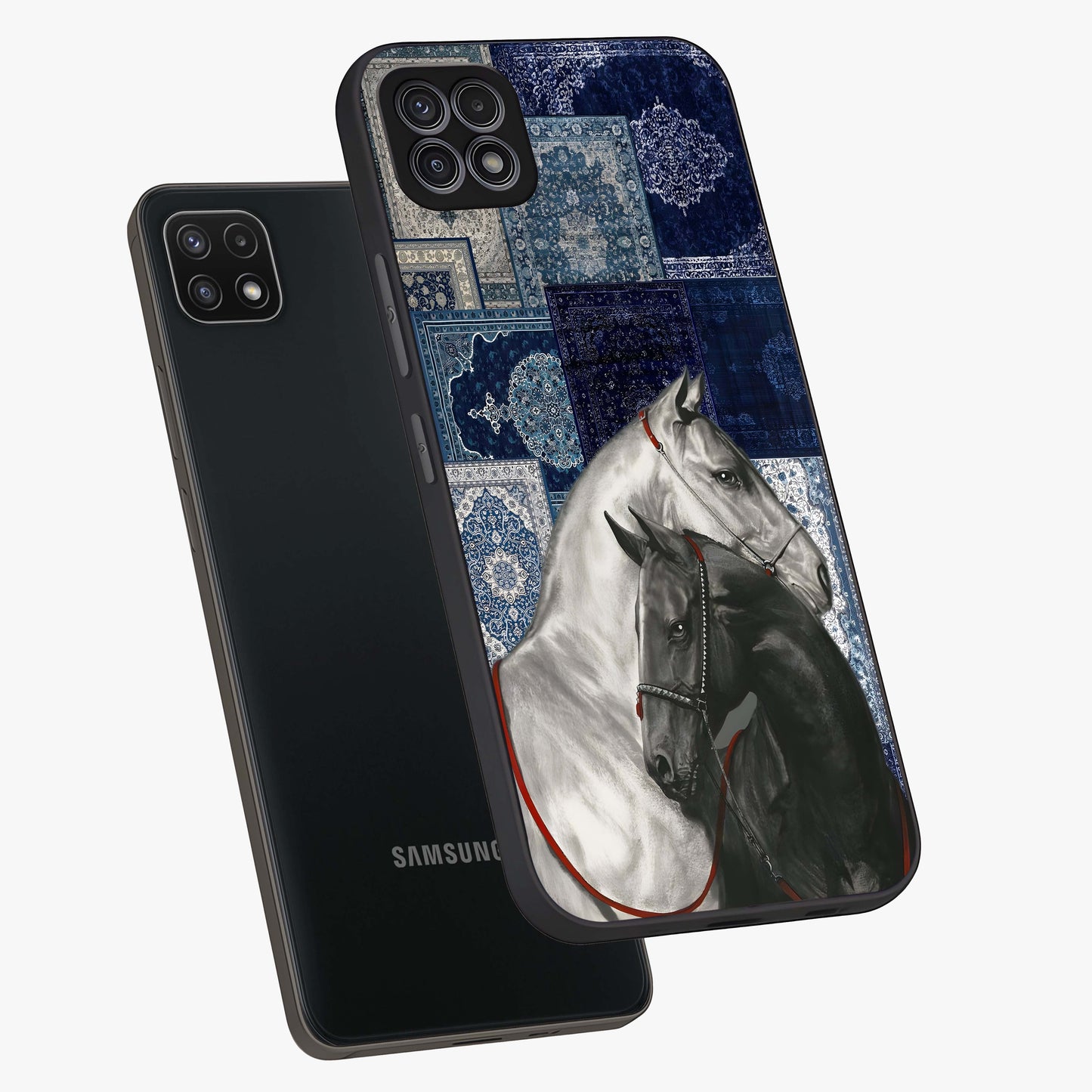 Midnight Stallion Blues Glass Case displayed in angled mockup highlighting powerful stallion illustration with deep midnight tones.