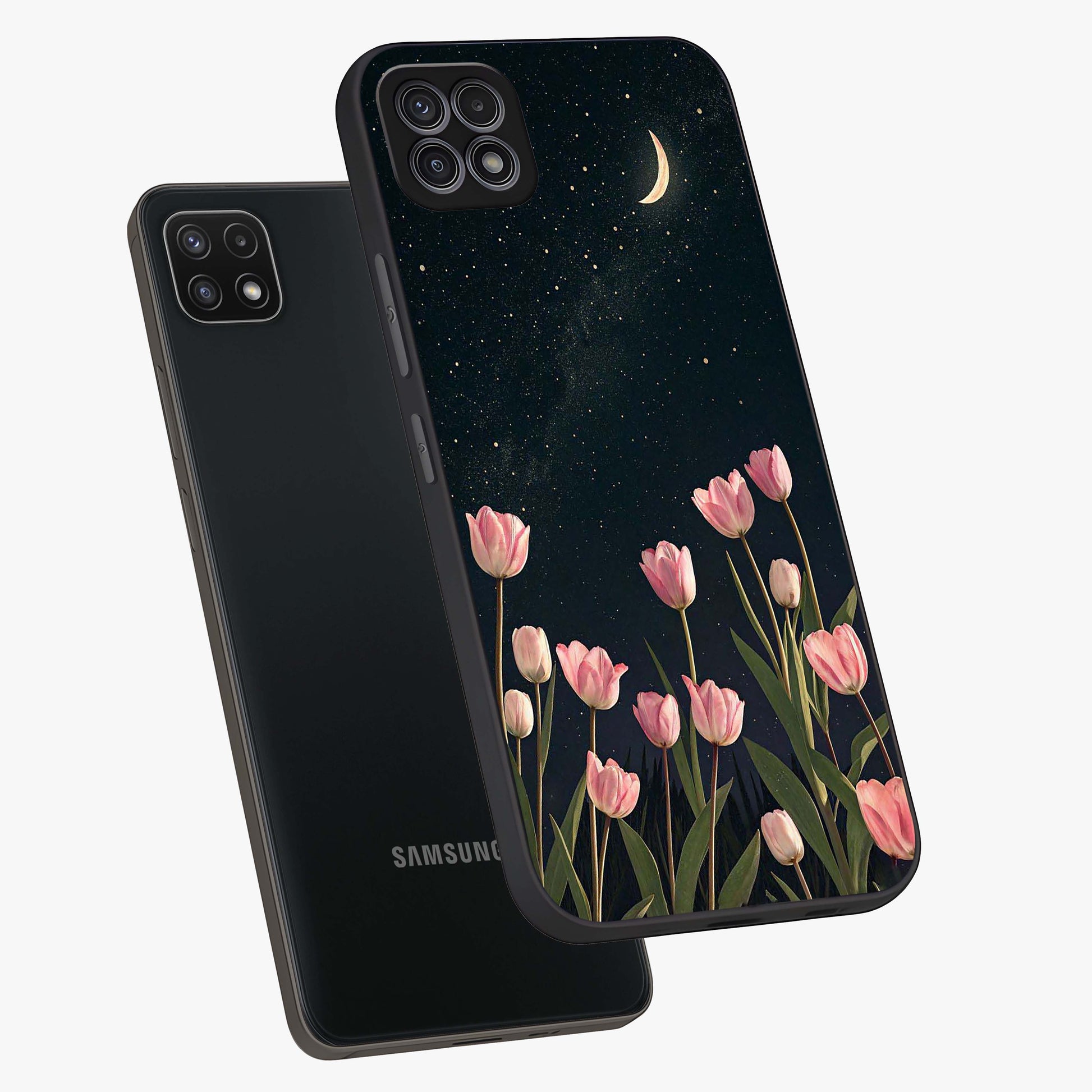Midnight Tulip Whispers Vibe Glass Case displayed in angled mockup highlighting delicate tulip design with midnight floral aesthetic.