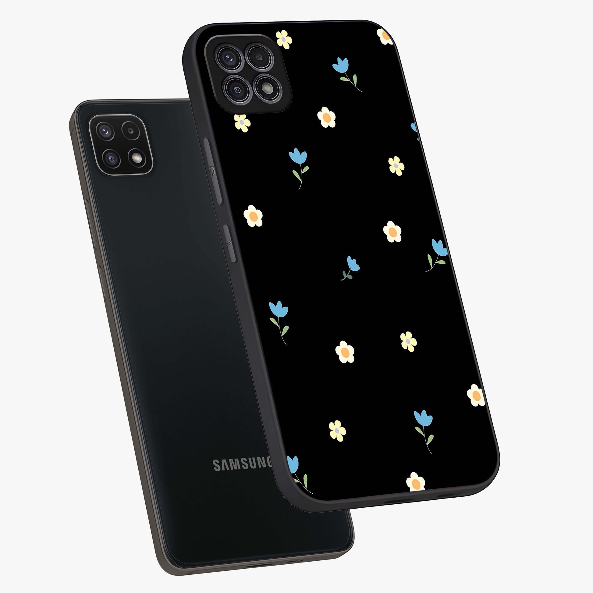 Minimal Petal Whispers Glass Case displayed in angled mockup highlighting delicate petal design with clean minimal aesthetic.