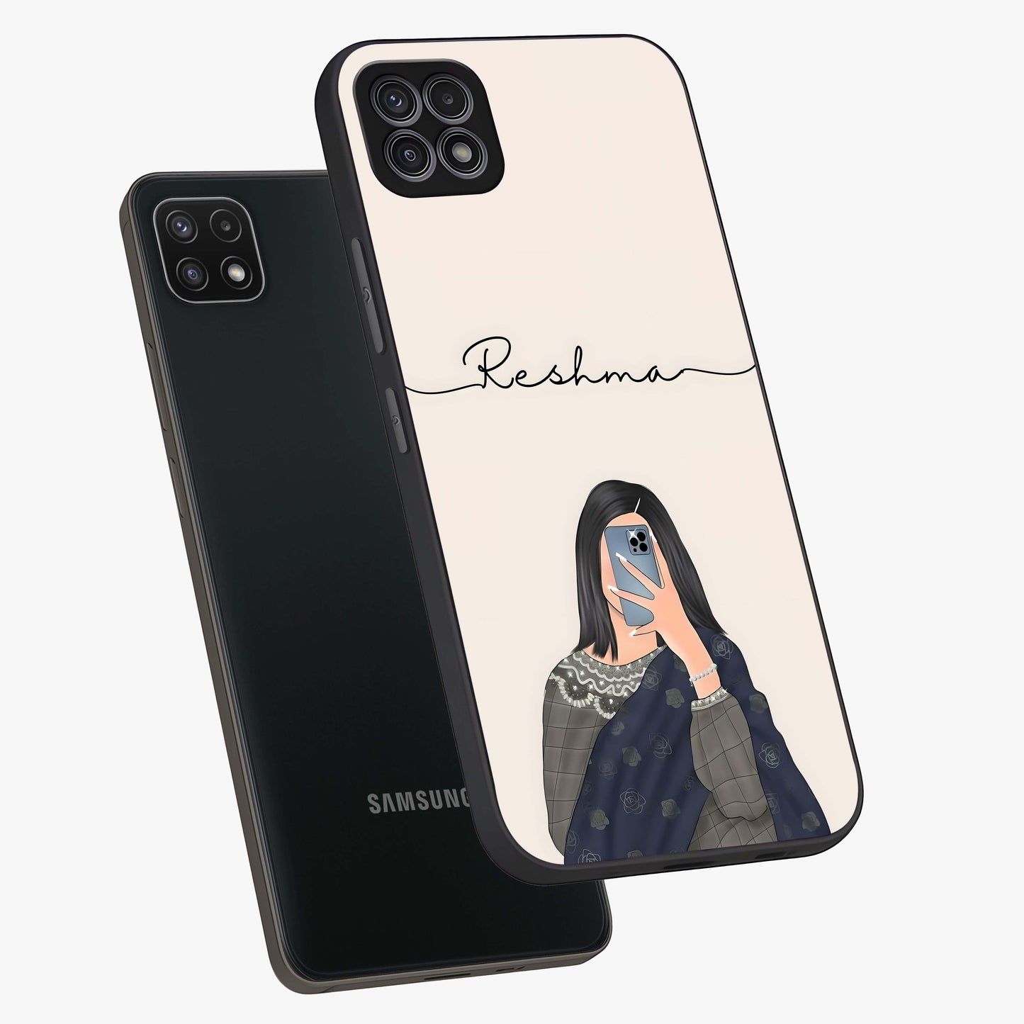 Mirror Mood Muse With Custom Name Glass Case displayed in angled mockup highlighting aesthetic mirror inspired design with custom name feature.