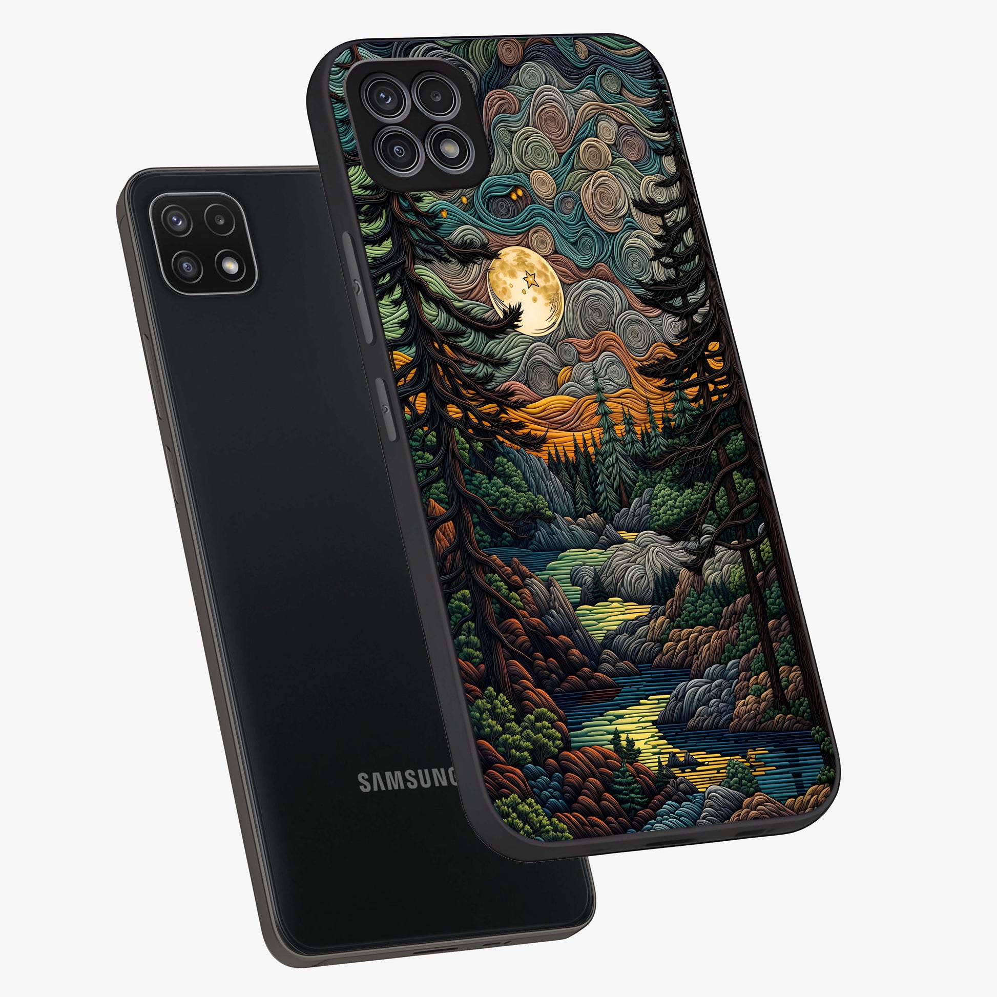 Moonlight Forest Dream Glass Case displayed in angled mockup highlighting dreamy forest design with glowing moon aesthetic.